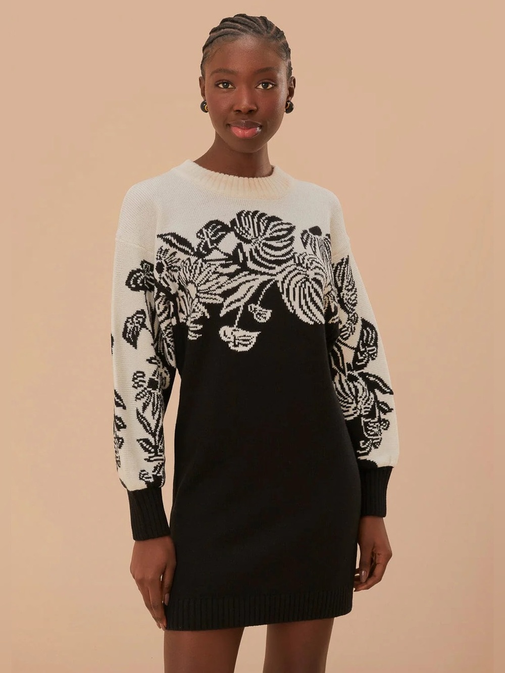 NEW FARM Rio Surreal Garden Knit Sweaterdress Floral Sweater Black White Size S